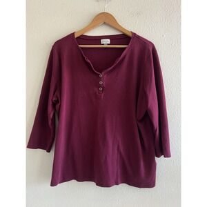 Yarn & Sea Burgundy 3/4 Sleeve Henley Top Cotton Women's XL Basic Modest